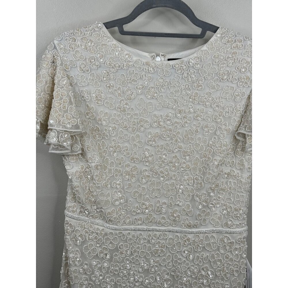Mac Duggal 10827 White Floral Flounce Sleeve Midi Dress Sequins Beads Size 10 NE - Picture 5 of 8